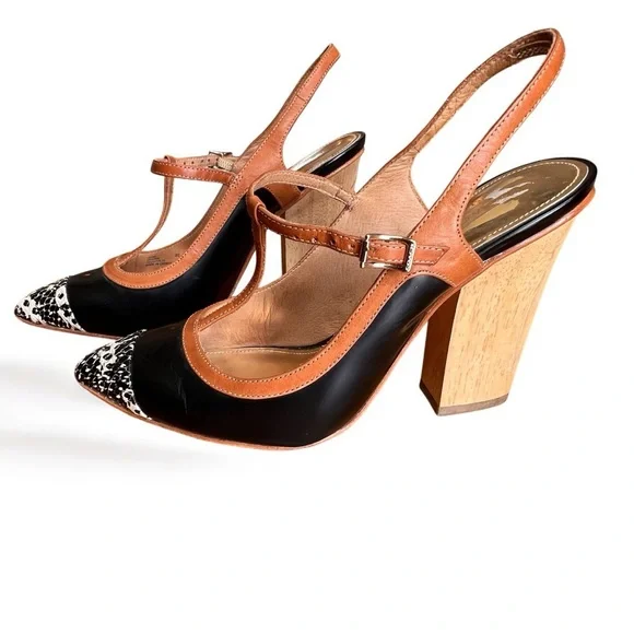 ⭐️ Coach Black Tan Slingback Heels T-Strap with Chunky Heel Size 8B - Picture 7 of 14